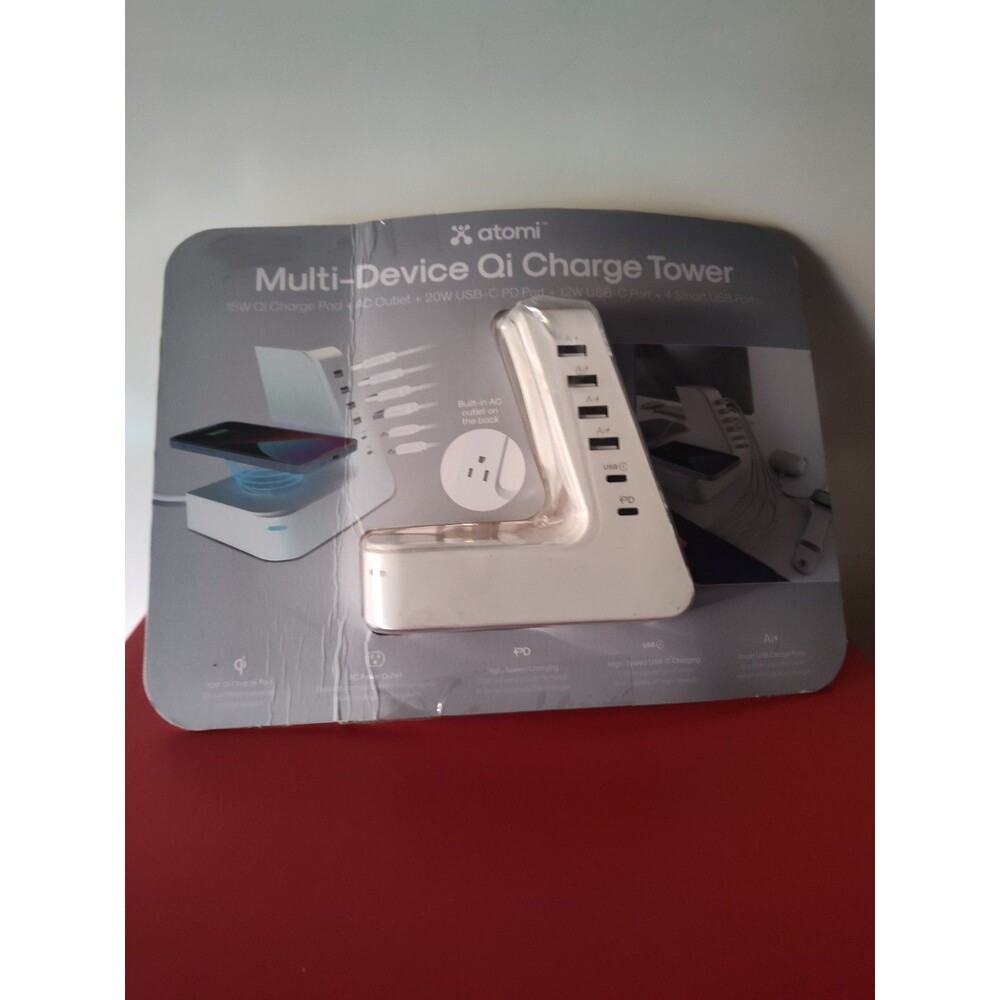 Atomi Multi Device QI Charge Tower White USB Type C AC Outlet 3 Prong